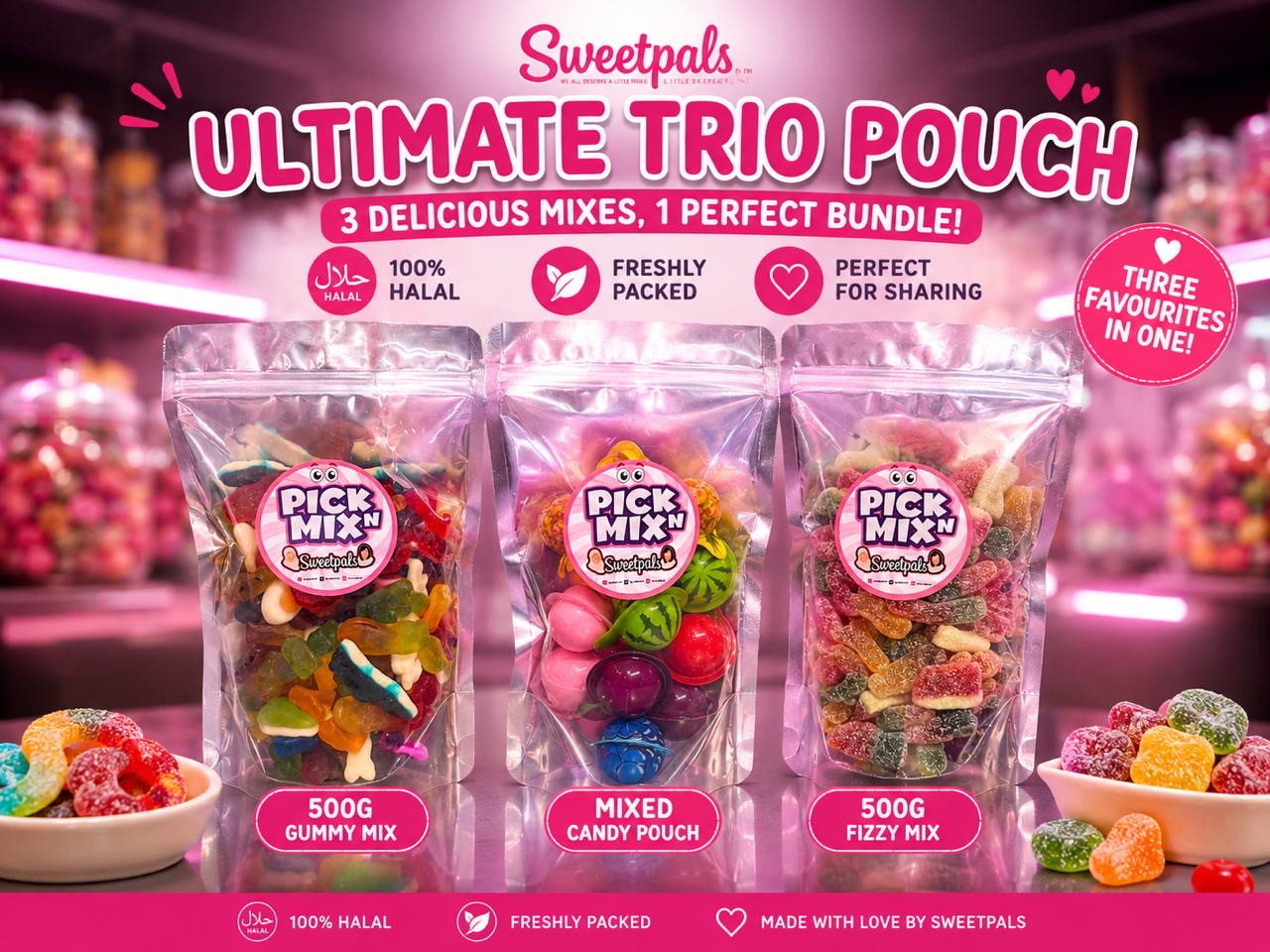 SweetPals Ultimate Trio Bundle | 500g Gummy + 500g Fizzy + Mixed Gummy Candy Pouch | Halal