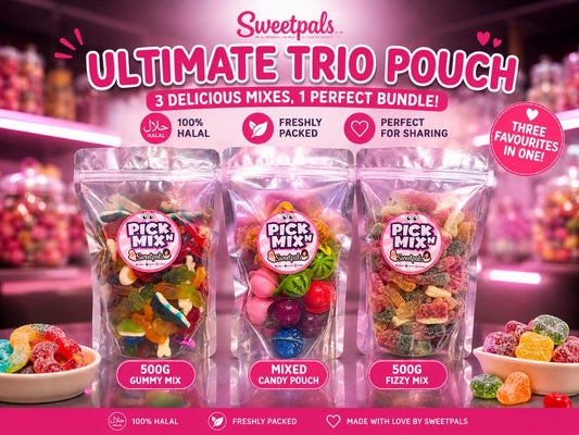SweetPals Ultimate Trio Bundle | 500g Gummy + 500g Fizzy + Mixed Gummy Candy Pouch | Halal